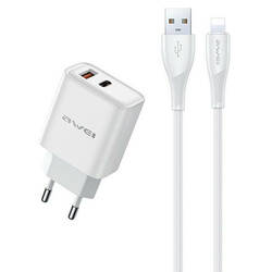 AWEI ład. siec. PD81L-EU 22.5W + kabel USB + Lightning biała/white GaN