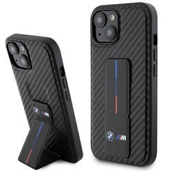 BMW BMHCP15SGSPCCK iPhone 15 / 14 / 13  6.1" czarny/black hardcase Grip Stand Smooth & Carbon