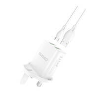 DUDAO WALL CHARGER UK PLUG (UNITED KINGDOM) 2XUSB-A 2.4A WHITE + USB-A CABLE - USB-C WHITE