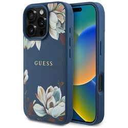 Etui Guess Grained Printed Flower         Pattern MagSafe do iPhone 16 Pro Max niebieski