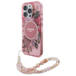 Guess GUHMP16LHFWBRCESP iPhone 16 Pro 6.3" różowy/pink hardcase IML Flowers With Pearl Strap MagSafe