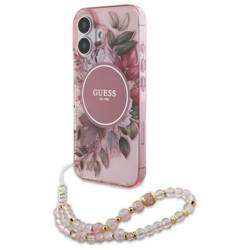 Guess GUHMP16MHFWBRCESP iPhone 16 Plus 6.7" różowy/pink hardcase IML Flowers With Pearl Strap MagSafe