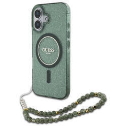 Guess GUHMP16SHGCRELSA iPhone 16 6.1" zielony/green hardcase IML Glitter With Pearl Strap MagSafe