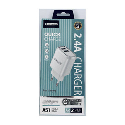 JELLICO AC CHARGER - A51 2.4A 2 X USB + MICRO USB CABLE WHITE SET