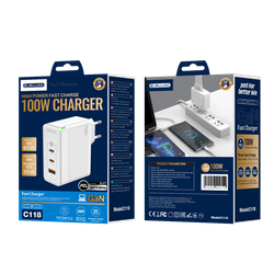 JELLICO wall charger C118 GaN PD 100W 2xUSB-C + 1xUSB QC3.0 + cable USB-C - Lightning White