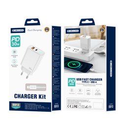 JELLICO wall charger EU13 GaN PD 30W 1xUSB-C + 1xUSB QC3.0 + cable USB-C - Lightning White