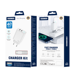 JELLICO wall charger EU19 GaN PD 40W 2xUSB-C + cable USB-C - Lightning White