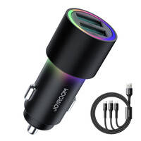 JOYROOM CAR CHARGER 2 X USB WITH ILLUMINATION 24W + POWER CABLE 3IN1 USB TYPE C / MICRO USB / LIGHTNING 1.2M BLACK (JR-CL10)