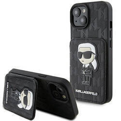 KARL LAGERFELD KLHCP15SSAKKNSCK IPHONE 15/14/13 6.1 "BLACK / BLACK HARDCASE SAFFIANO CARDSLOTS AND STAND MONOGRAM IKONIK PATCH