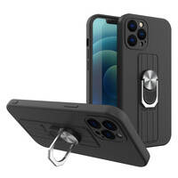 RING CASE SILICONE CASE WITH FINGER GRIP AND STAND FOR IPHONE 12 PRO BLACK