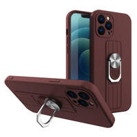 RING CASE SILICONE CASE WITH FINGER GRIP AND STAND FOR IPHONE 13 MINI BROWN