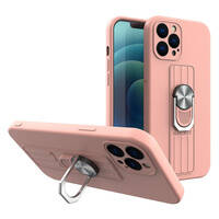 RING CASE SILICONE CASE WITH FINGER GRIP AND STAND FOR IPHONE 13 PINK