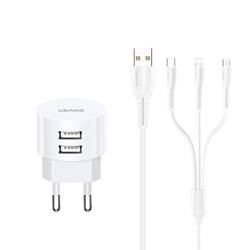 USAMS ŁAD. SIEC. 2XUSB T20 2,1A 3W1 (LIGHTNING+MICROUSB+USB-C) BIAŁY /WHITE ROUND FAST CHARGING XTXLOGT203101