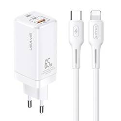 USAMS ŁAD. SIEC. MT 2XUSB-C+USB GAN 65W T33 PD + KABEL USB-C-LIGHTNING 30W FAST CHARGING BIAŁY /WHITE MTXLOGTL02