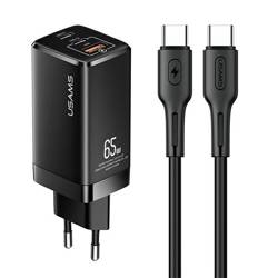 USAMS ŁAD. SIEC. MT 2XUSB-C+USB GAN 65W T33 PD + KABEL USB-C-USB-C 100W FAST CHARGING CZARNY /BLACK MTXLOGTC01