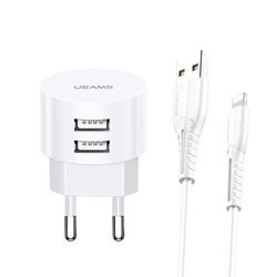 USAMS US-T20 SET 2IN1 ROUND SHAPE COMPACT 2.1A TRAVEL CHARGER + USB TO LIGHTNING 1M CABLE WHITE