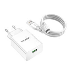 VIPFAN E03 WALL CHARGER, 1X USB, 18W, QC 3.0 + MICRO USB CABLE (WHITE)