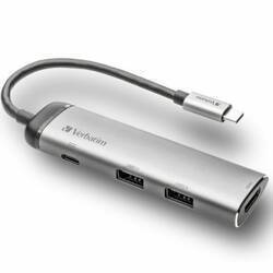 Verbatim Adapter Hub USB-C - USB-C/       2xUSB-A 3.0/HDMI aluminiowy/aluminum 49140