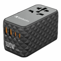 Verbatim Adapter podróżny EU/UK/US GaN 2xUSB-A/2xUSB-C PD 100W UTA-06 czarny/black 32121