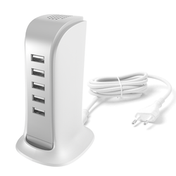 WALL CHARGER 5X USB WITH BUILT-IN EU MAINS CABLE WHITE