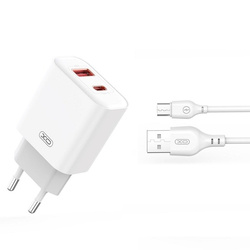 XO CE12 PD QC 3.0 20W 1x USB 1x USB -C PD charger Biała + USB cable - microUSB