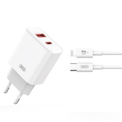 XO CE12 PD QC 3.0 20W 1x USB 1x USB-C PD charger white + USB-C cable-Lightning