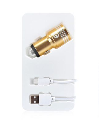 (4538) MOCOLO CAR CHARGER 2XUSB FAST CHARGER GOLD LOADER + TYPE-C CABLE WHITE