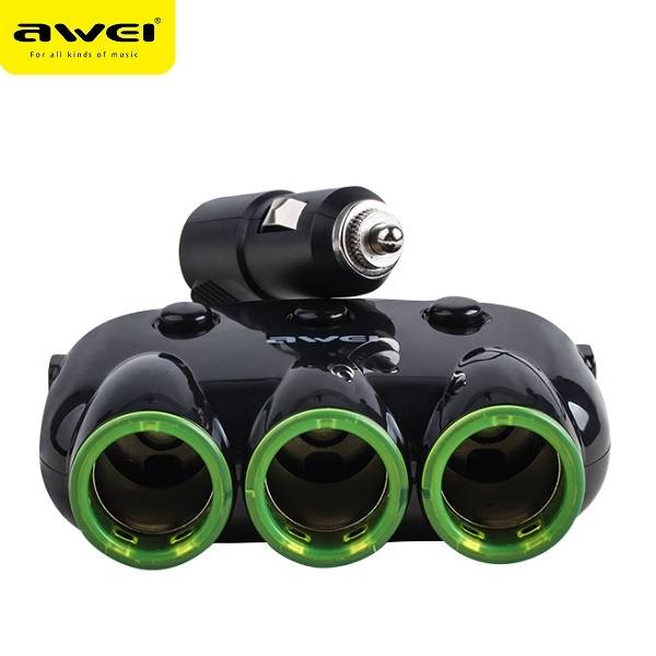 AWEI CAR BRANCH C-35 3 SOCKETS LIGHTER 12V + 2 USB, BLACK MANIFOLD / BLACK