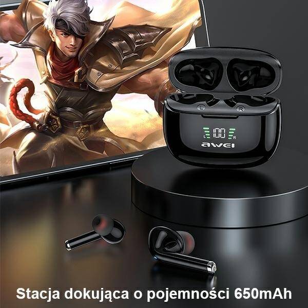 AWEI słuchawki sportowe Bluetooth 5.2 TA8 TWS + stacja dokująca czarny/black