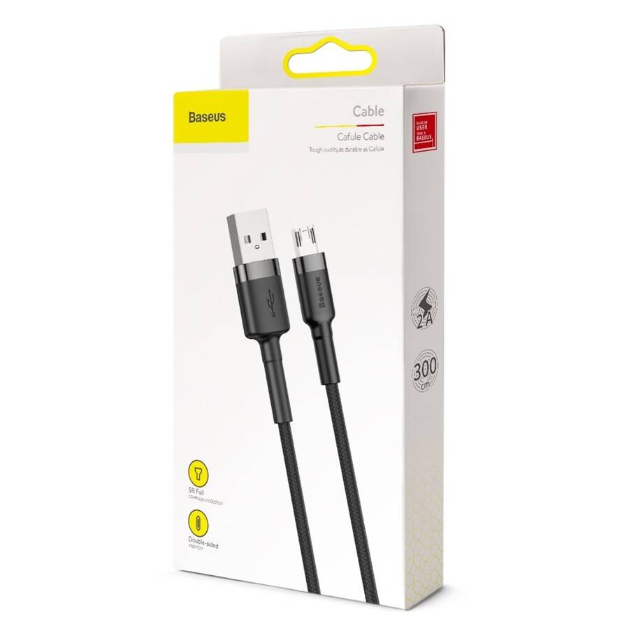 BASEUS CAFULE CABLE DURABLE NYLON BRAIDED WIRE USB / MICRO USB 2A 3M BLACK-GRAY (CAMKLF-HG1)