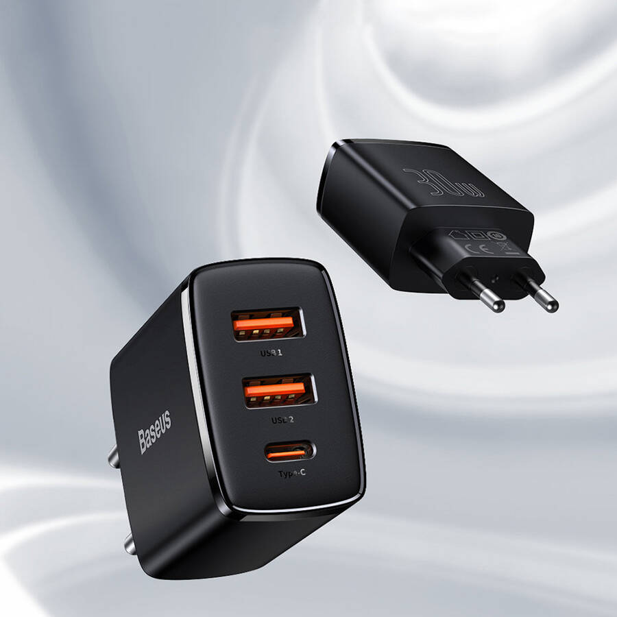 BASEUS COMPACT QUICK CHARGER USB TYPE C / 2X USB 30W 3A POWER DELIVERY QUICK CHARGE BLACK (CCXJ-E01)