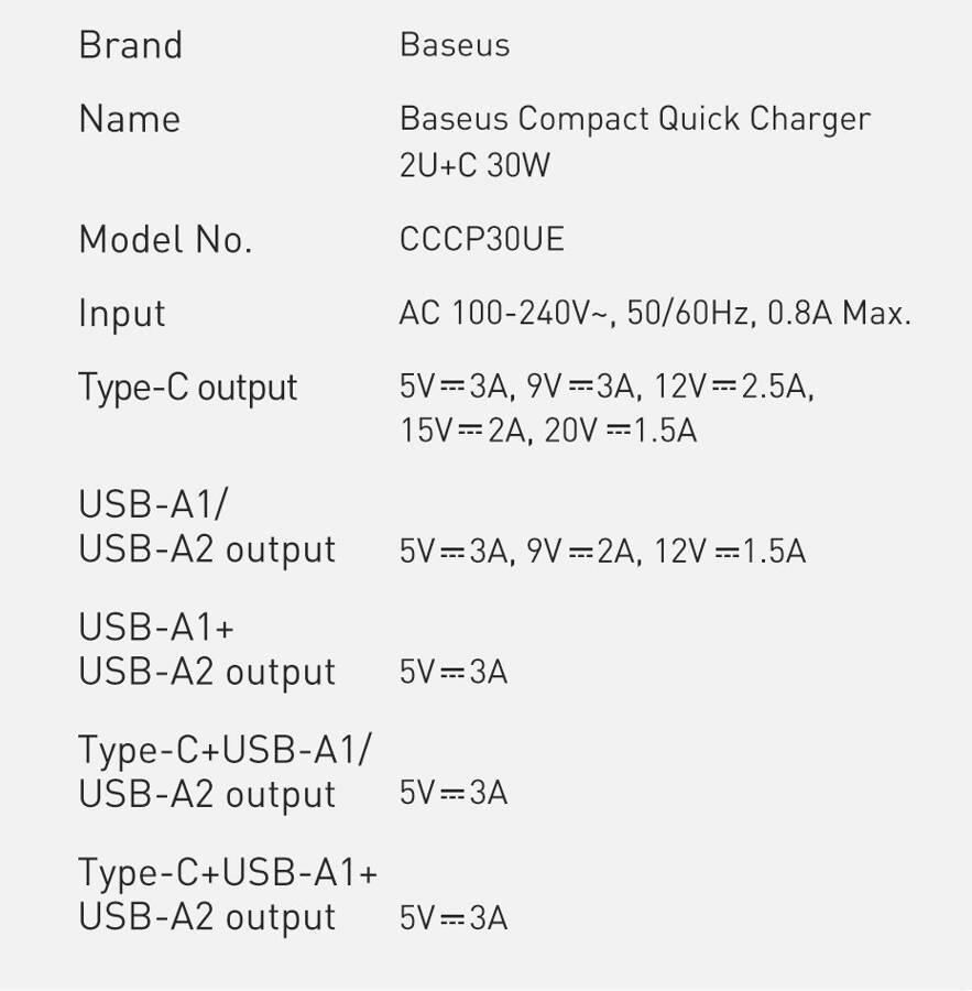 BASEUS COMPACT QUICK CHARGER USB TYPE C / 2X USB 30W 3A POWER DELIVERY QUICK CHARGE BLACK (CCXJ-E01)