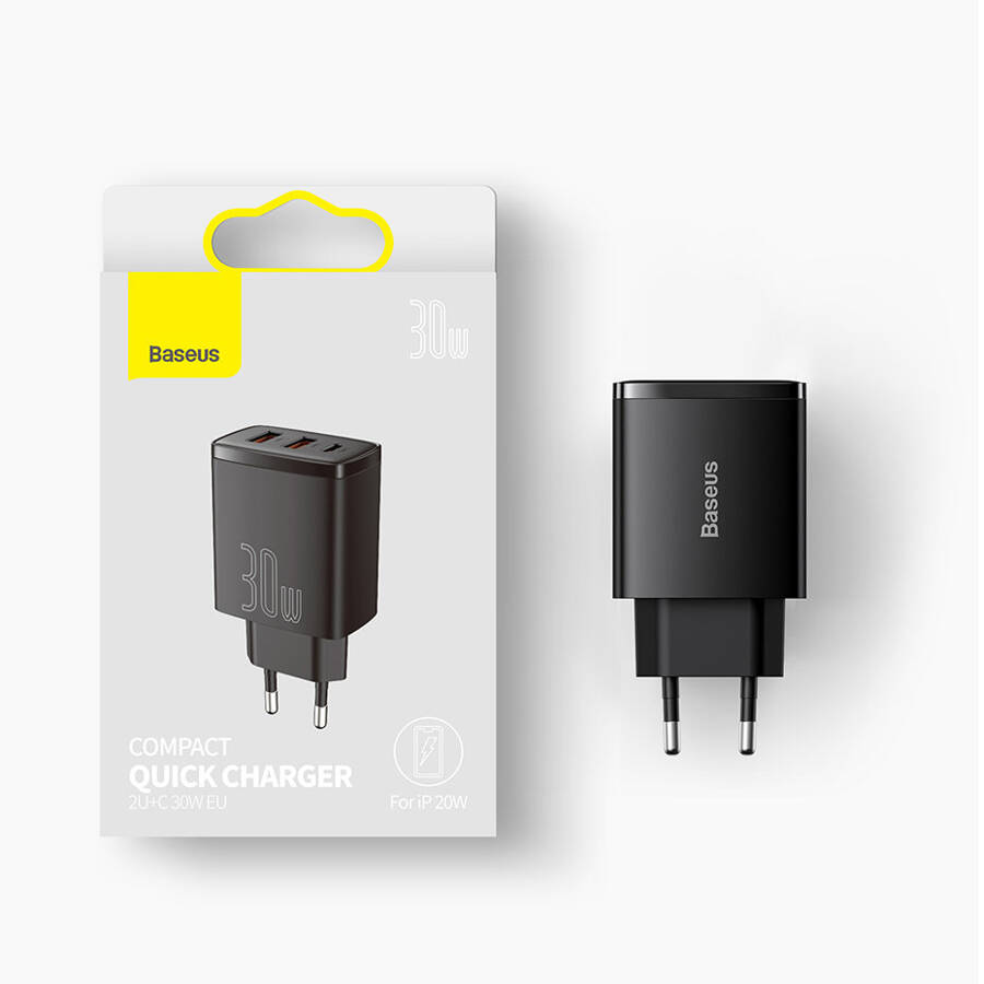 BASEUS COMPACT QUICK CHARGER USB TYPE C / 2X USB 30W 3A POWER DELIVERY QUICK CHARGE BLACK (CCXJ-E01)