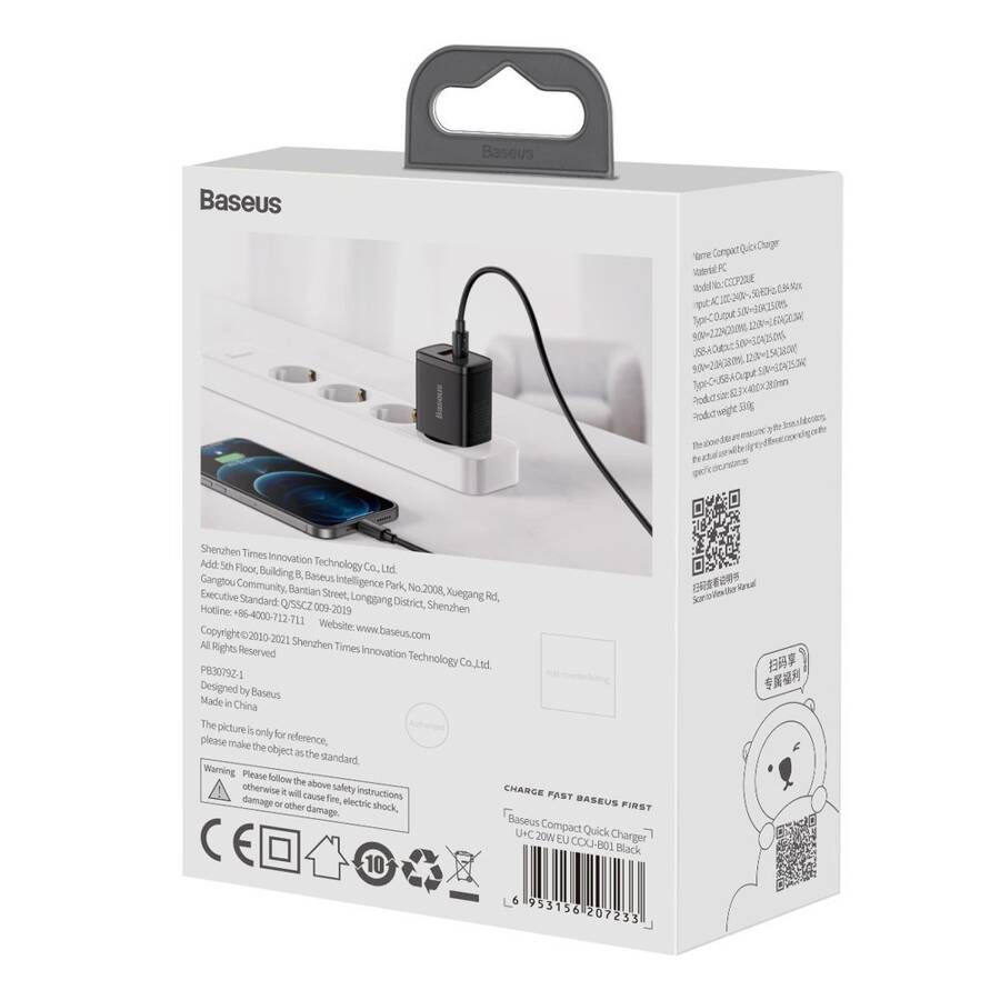 BASEUS COMPACT QUICK CHARGER USB TYPE C / USB 20 W 3 A POWER DELIVERY QUICK CHARGE 3.0 BLACK (CCXJ-B01)