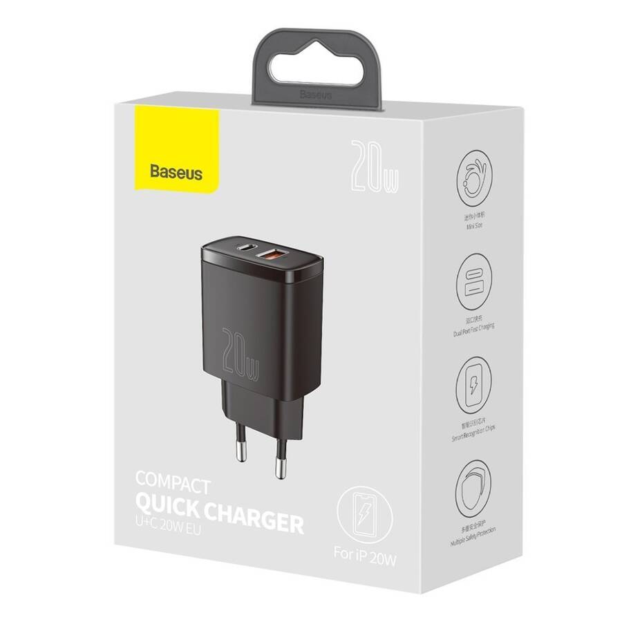 BASEUS COMPACT QUICK CHARGER USB TYPE C / USB 20 W 3 A POWER DELIVERY QUICK CHARGE 3.0 BLACK (CCXJ-B01)