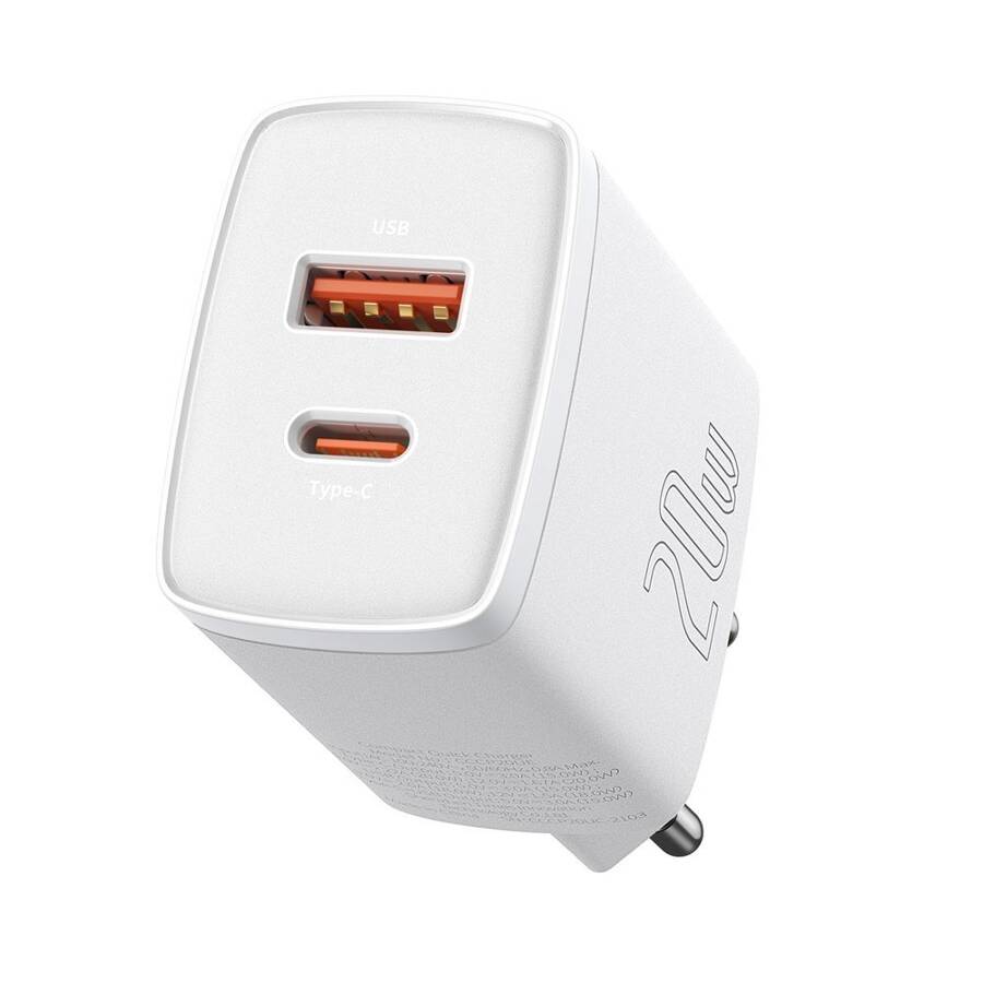 BASEUS COMPACT QUICK CHARGER USB TYPE C / USB 20 W 3 A POWER DELIVERY QUICK CHARGE 3.0 WHITE (CCXJ-B02)