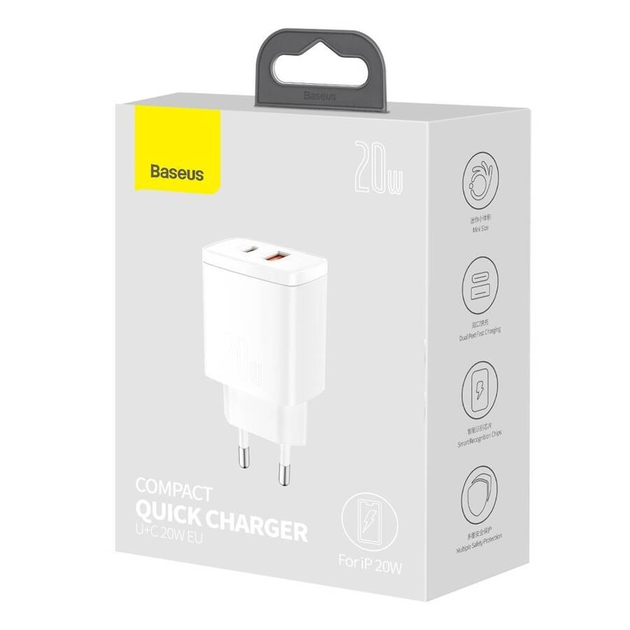 BASEUS COMPACT QUICK CHARGER USB TYPE C / USB 20 W 3 A POWER DELIVERY QUICK CHARGE 3.0 WHITE (CCXJ-B02)