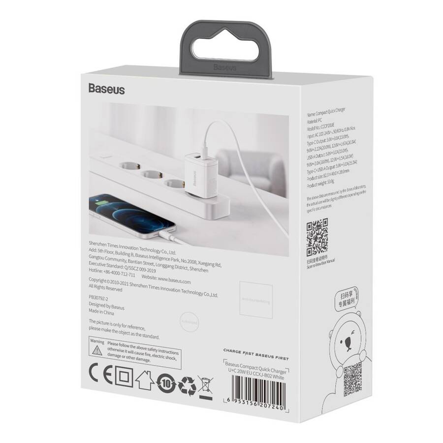 BASEUS COMPACT QUICK CHARGER USB TYPE C / USB 20 W 3 A POWER DELIVERY QUICK CHARGE 3.0 WHITE (CCXJ-B02)