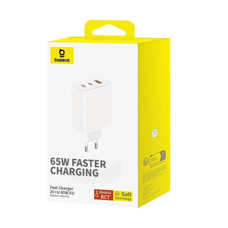 BASEUS CUBE PRO 65W GAN CHARGER 2X USB-C USB-A - WHITE