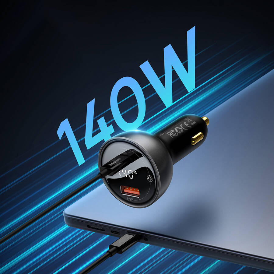 BASEUS DIGITAL DISPLAY FAST CAR CHARGER USB-A / USB-C PD3.1 140W BLACK + USB-C CABLE BASEUS SUPERIOR SERIES 5A 240W 1M BLACK (CGZX070001)