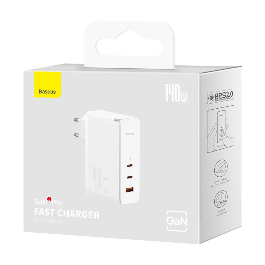 BASEUS GAN5 PRO FAST CHARGER 2XUSB-C + USB 140W EU WHITE (CCGP100202)