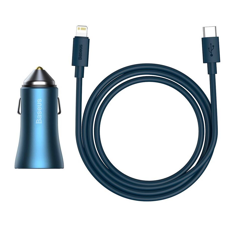 BASEUS GOLDEN CONTACTOR PRO QUICK CAR CHARGER USB TYPE C / USB 40 W POWER DELIVERY 3.0 QUICK CHARGE 4+ SCP FCP AFC + USB TYP C - LIGHTNING CABLE BLUE (TZCCJD-03)