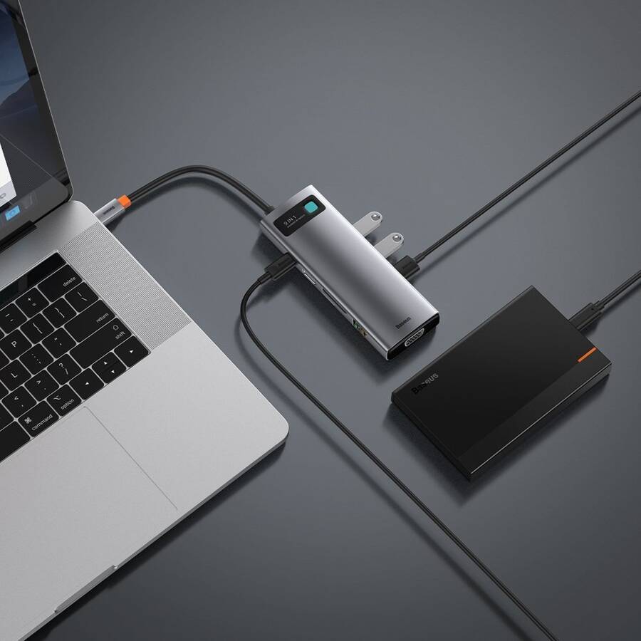 BASEUS METAL GLEAM 9IN1 MULTIFUNCTIONAL HUB USB TYPE C - 3X USB 3.2 GEN 1 5GBPS / USB TYPE C PD 100W / VGA FULL HD 60HZ / HDMI 4K 30HZ / CZYTNIK KART TF I SD / RJ45 1GBPS GRAY (CAHUB-CU0G)