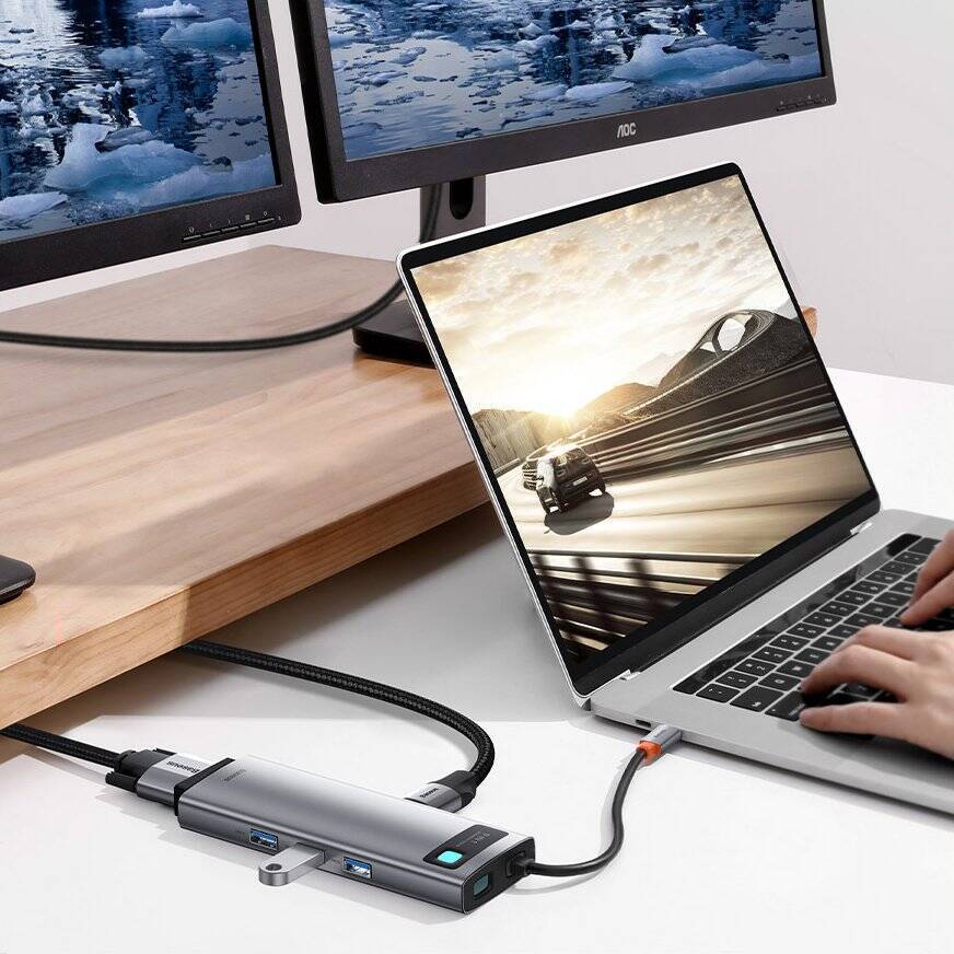 BASEUS METAL GLEAM 9IN1 MULTIFUNCTIONAL HUB USB TYPE C - 3X USB 3.2 GEN 1 5GBPS / USB TYPE C PD 100W / VGA FULL HD 60HZ / HDMI 4K 30HZ / CZYTNIK KART TF I SD / RJ45 1GBPS GRAY (CAHUB-CU0G)