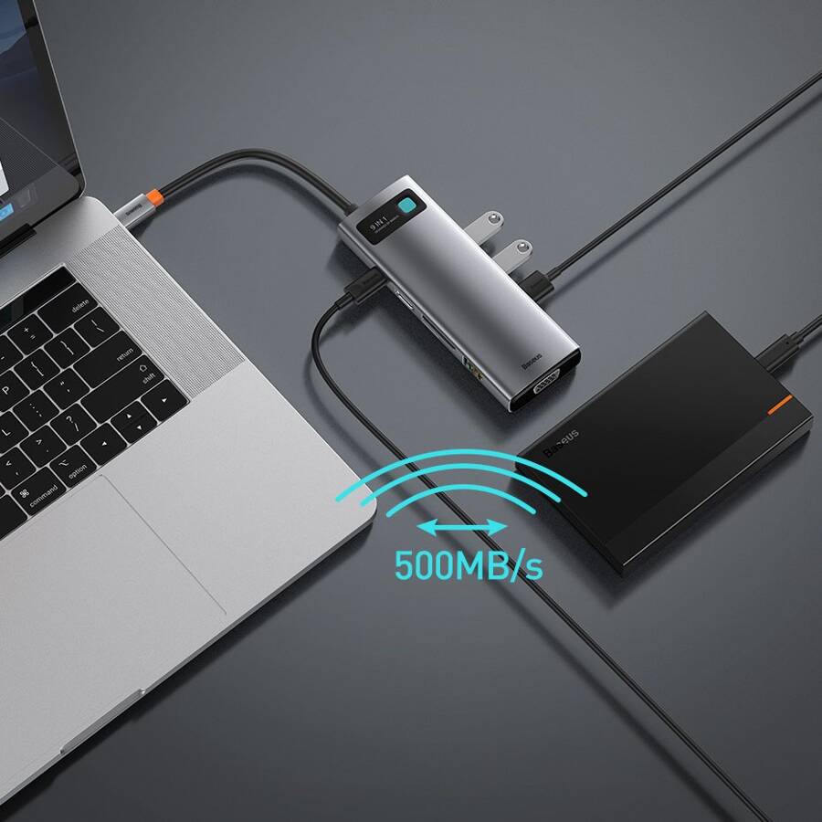 BASEUS METAL GLEAM 9IN1 MULTIFUNCTIONAL HUB USB TYPE C - 3X USB 3.2 GEN 1 5GBPS / USB TYPE C PD 100W / VGA FULL HD 60HZ / HDMI 4K 30HZ / CZYTNIK KART TF I SD / RJ45 1GBPS GRAY (CAHUB-CU0G)