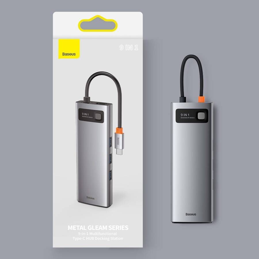 BASEUS METAL GLEAM 9IN1 MULTIFUNCTIONAL HUB USB TYPE C - 3X USB 3.2 GEN 1 5GBPS / USB TYPE C PD 100W / VGA FULL HD 60HZ / HDMI 4K 30HZ / CZYTNIK KART TF I SD / RJ45 1GBPS GRAY (CAHUB-CU0G)