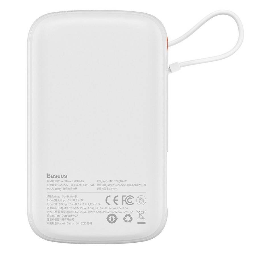 BASEUS QPOW DIGITAL DISPLAY POWERBANK WITH FAST CHARGING 10000MAH 22.5W QC/PD/SCP/FCP WITH BUILT-IN USB-C CABLE WHITE