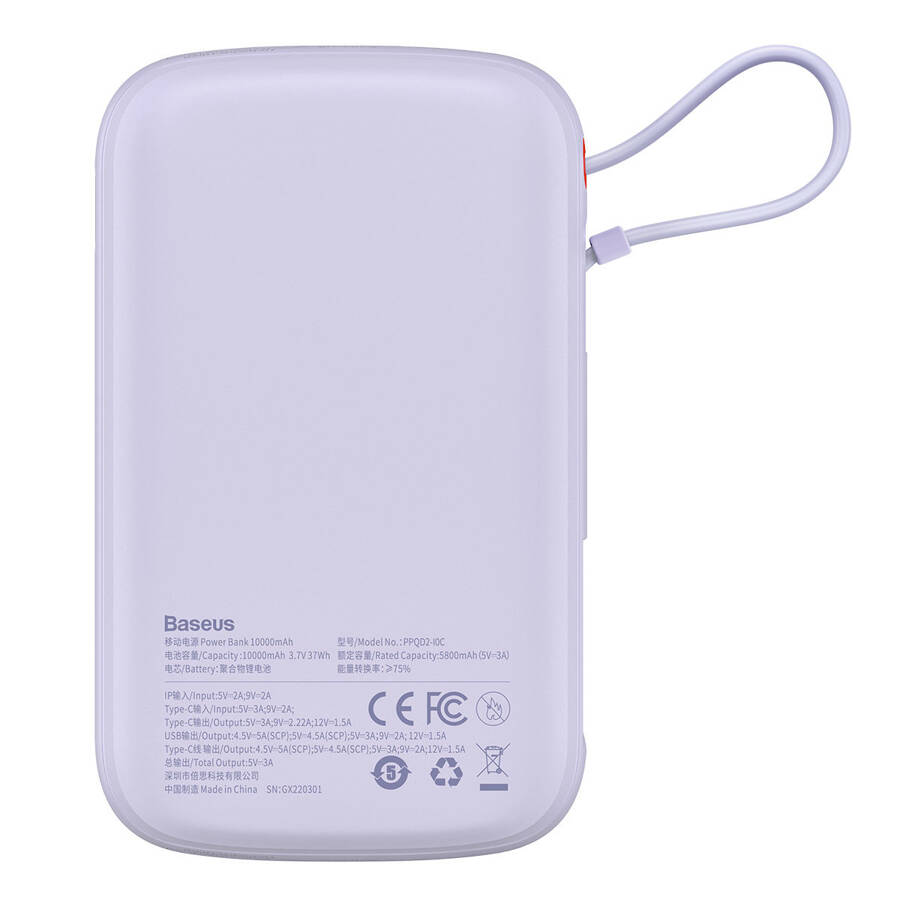 BASEUS QPOW POWER BANK 10000MAH BUILT-IN USB TYPE-C CABLE 22.5W QUICK CHARGE SCP AFC FCP PURPLE (PPQD020105)