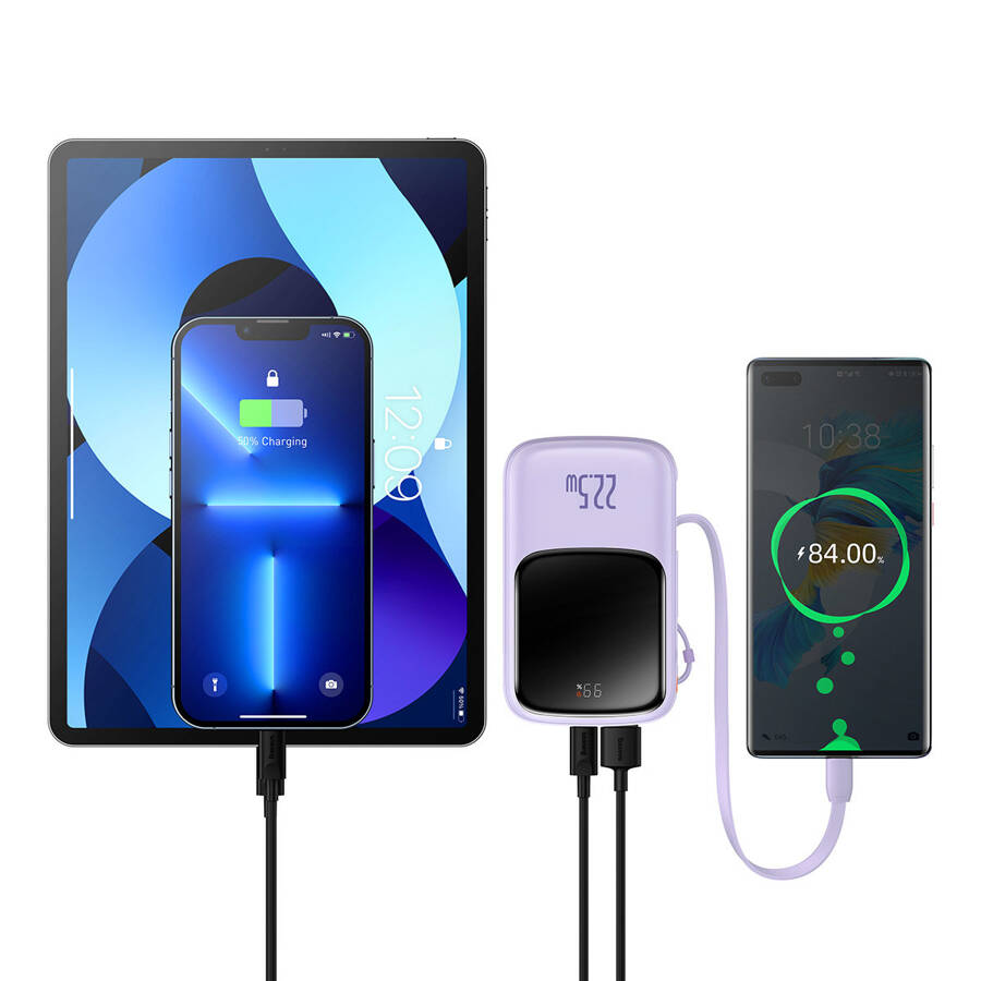 BASEUS QPOW POWER BANK 10000MAH BUILT-IN USB TYPE-C CABLE 22.5W QUICK CHARGE SCP AFC FCP PURPLE (PPQD020105)