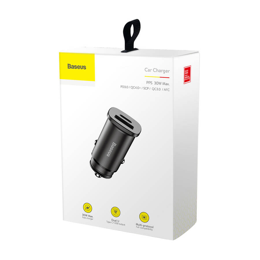 BASEUS SQUARE PPS UNIVERSAL SMART CAR CHARGER USB QUICK CHARGE 4.0 QC 4.0 AND USB-C PD 3.0 SCP BLACK (CCALL-AS01)